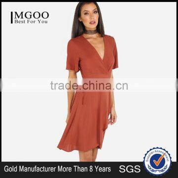 Hot Selling American Costom V Neck Tie Waist Wrap Up Dress Short Sleeve Polyester Spandex Casual Dress