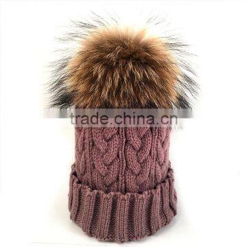 Myfur Light Purple Real Large Raccoon Fur Pom Poms Knit Hat Wholesale