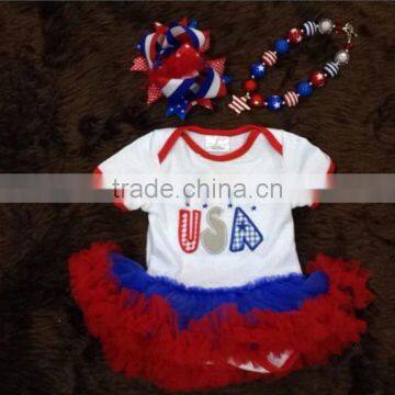 2015 hot sell baby girl July 4th romper with matching bow and necklace