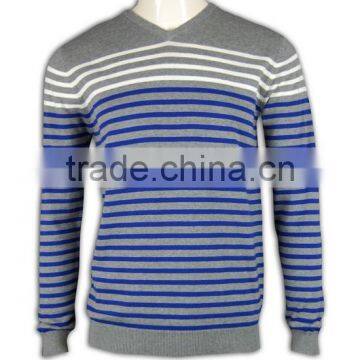 ISO9001/BSCI Manufature Blue V-neck Striped Design Wool Sweater