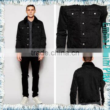 Black Mens Fleece Collar Fitted Denim Jacket for Chilly Winter