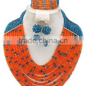 Orange Blue Crystal Beads Multi-style Brooches Nigerian Jewelry Set