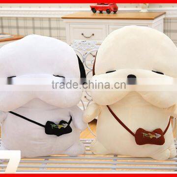 Factory custom white plush dog toy wearing small bag