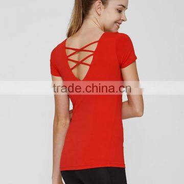 Women exercise fitness clothes nylon spandex red tops for running dry fit slim yoga shirts