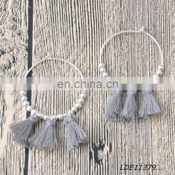 Bohemian gray tassel pendant earring sterling silver circle hoop earrings