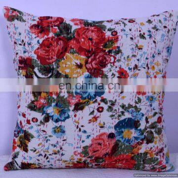 White Floral Indian Hand-stitched Kantha Pillow indoor & outdoor-Indian kantha cushion covers-Kantha Pillow Covers