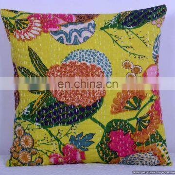 Indian Yellow floral Kantha Cushion Cover Kantha Throw Pillow Cover Hand Stitched Kantha Cushion Cover Cotton Handmade