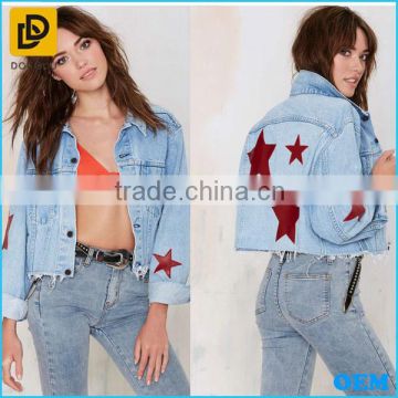 Excellent Quality Latest 100% Cotton Women Long Sleeve Star Pattern Denim Jacket