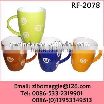 Belly Shape 12oz Porcelain Custom Fruit Juice Cup with Swirl Design for Promotion Gift