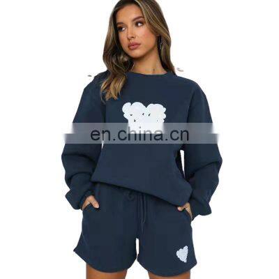 Custom logo autumn and winter casual round neck women's clothing printed letters peach heart shorts long-sleeved sweater suit