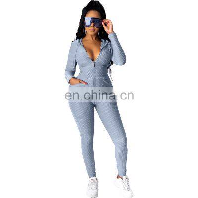 Wholesale Solid Color Hooded Tops and Pants Two Piece Set With Zipper Fall Winter Women's Tracksuit in Multi Colour photo-4
