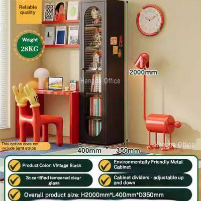 Vintage Metal Glass Bookcase With Curved Glass Door for Study Room | 3C Certified Tempered Glass & Adjustable Shelves photo-3