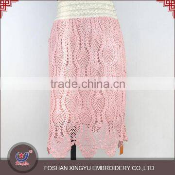 Hot sell custom shape fashion design pink sexy hollow out embroidery pink lace skirt