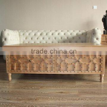 French vintage harvest wooden coffee table with rivet