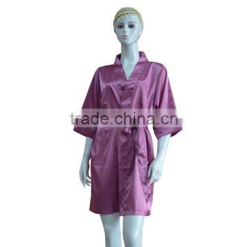 Purple 3/4 sleeve short satin silk bathrobe for lady