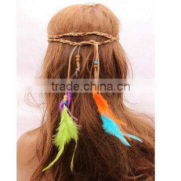 Women Girl Bohemian boho Fashion Handmade Multicolor Feather and Gold Leaves Pendants Hairband