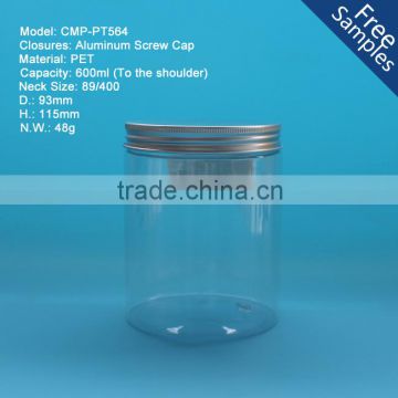 Round clear 600ml plastic PET jars, 600g 20oz Clear PET plastic jar with aluminum cap