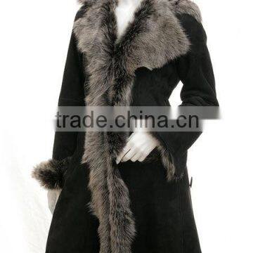 fashion latest ladies long black leather coats With High Quality fur