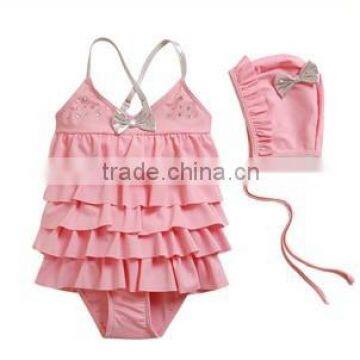 JPSKIRT201508027 Wholesale kids girl pink cake swimwear with lovely swimwear hats