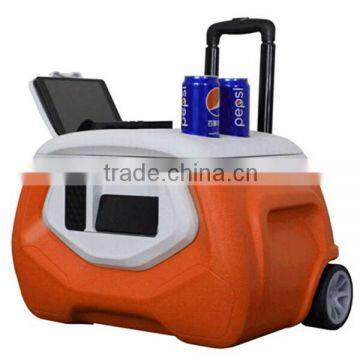 Outdoor camping cooler box with wireless bluetooth speaker / extra wide softride wheels / 4 section trolley / big handles