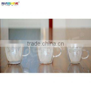 Manufacturer Unique Mouthblown White Printing Double wall Glass Heat Resistance Borosilicate Drinkware Glass Cup With Handle