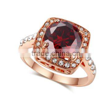 Large Red Zircon Stone Ring Engraved Flower Pack Rose Gold Plated Ring For Lady