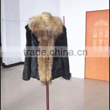 Russia style big raccoon fur trim with rabbit fur coat