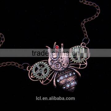 2015 Yiwu Fashion Jewelry Hot Sale Steampunk Bee Gear Pendant With Crystal Statement Necklace Red Copper photo-4