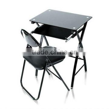 Polished 6mm Safety Glass Finished Computer Desk + Chair - PC Workstation + Folding Chair - Black