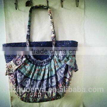 Wheat Straw Women Tote Bag With Beach Pattern Country Style Woven Bag
