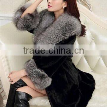 hotest style ladies' long imitation mink fur overcoat with silver fox fur collar