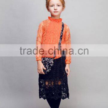 COOL KID ZONE 2016 Lace cut out long sleeve dress set lace blouse and gauze skirt child girl Complete sets of clothes