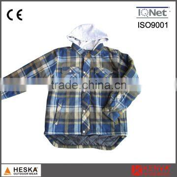 Blue plaid ripstop polyester hooded man winter warm shirt