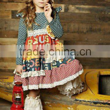 high quality fall gril floral ruffle chevron lace boutique dress