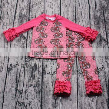 Yawoo promoted girls elephant patterns cotton clothing set cheap wholesale ruffle clothing