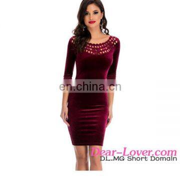 Fine Quality 2017 Latest Design Women Burgundy Hollow Out Round Neck Sleeved Velvet Dress