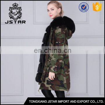 Men real fur parka jacket with black fox fur and camouflage shell