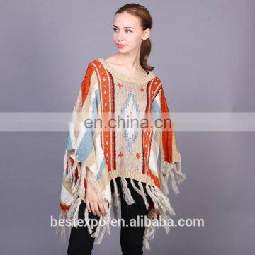 wholesale knit woman sweater big neck with ruffle tassel poncho