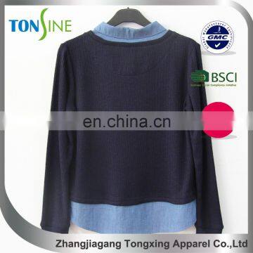 Women's Long Sleeve Top With Denim Neckline photo-2