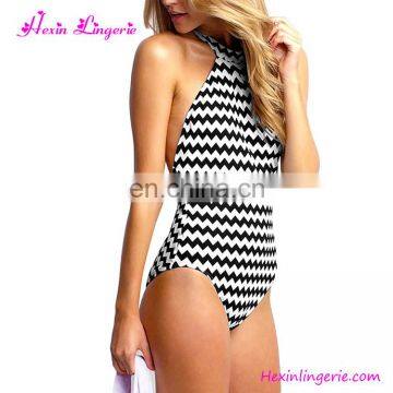Wholesale Women Stripe Black Halter Neck One Piece Swimsuit Swimwear photo-2