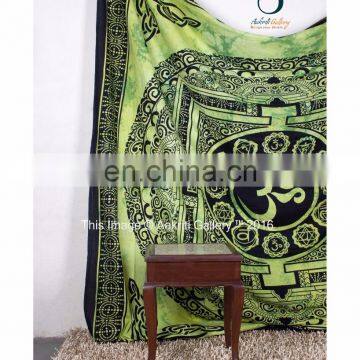 Indian Green Color Om Square Round Print Double handmade tapestry for sale cotton indian tapestries 92x82 Tapestry