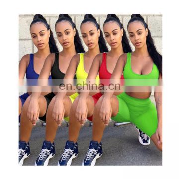 Custom Sexy  Sleeveless Low Cut 2 Piece Set Plus Size Sport Women Shorts Set