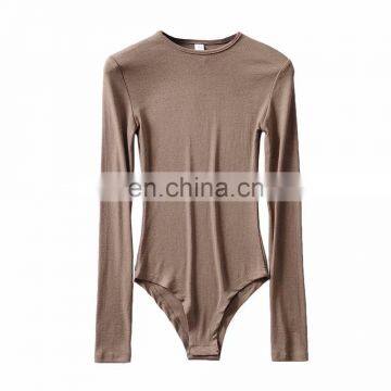 Custom Logo Women Autumn Winter Under Wear Long Sleeve Crew Neck Ribbed Knitted Fabric Outfit Bodysuit photo-2