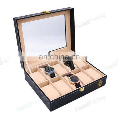 Wholesale fashion 10 slots PU leather watch storage box with logo display black watch boxes