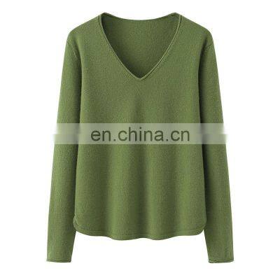 China Manufacturer's Casual Loose Pullover Women Winter Fashion V-Neck Cashmere Sweater 100% Knitted Solid Pattern Front Autumn