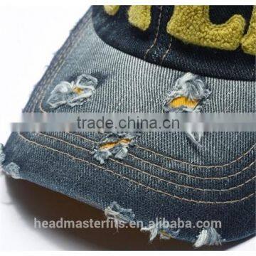 Custom Plain Broken Hole Wash Denim Sport Caps for Sale Distressed Baseball Caps photo-2