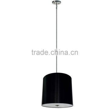 5 light chandelier(Lustre/La arana) in satin steel finish with a large round 22" x 20" tall silk look black stealth fabric shade