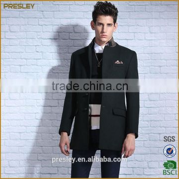 Stand collar casual style long woolen jacket coat with fleece lining for man