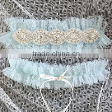 Light Blue Silk Tulle Rhinestone Crystal garter Set,Something Blue Lingerie Wedding Blue Garter