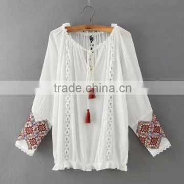 lady clothing tie neck embroidery tassel top